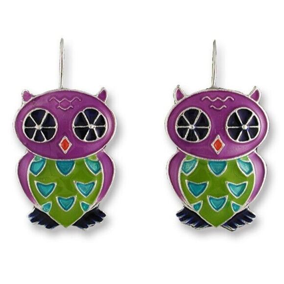 Zarah Jewelry - Zarah Calypso Owl Dangle Earrings Sterling Silver Plated Cloisonne Enamel Bird